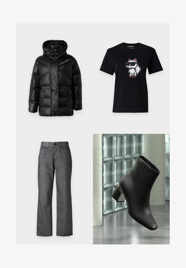 KARL LAGERFELD PUFFER JACKET - Chaqueta de invierno - black; Camiseta de algodón negra con un zorro de dibujos animados con gafas de sol, contorneado en blanco con acentos rojos, centrado en la parte delantera. Mangas cortas y cuello redondo.; Jeans de mezclilla gris con un ligero brillo, diseño de pierna recta, cinco bolsillos, cierre de botón y detalles de costura visibles.; Botín de cuero negro con tacón cuadrado, logo DKNY cerca de la parte superior, exhibido frente a una pared de bloques de vidrio y suelo de hormigón pulido.