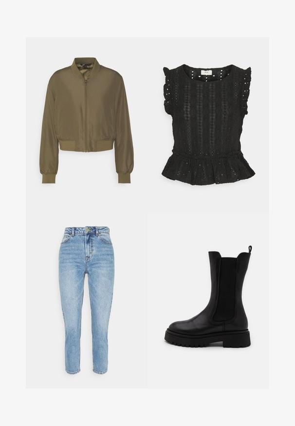 ONLY Petite ONLALMA BOMBER - Bombera - kalamata; JDY Petite JDYDEMI FRILL - Tričko s potlačou - black; Svetlomodré džínsy s vysokým pásom, rovný strih a vyblednutá textúra. Obsahujú päť vreciek a zapínanie na gombík a zips.; Čierne členkové čižmy s hladkou kožou a elastickými bočnými panelmi. Hrubá gumová podrážka s dezénom a textilný pútko na zadnej strane.