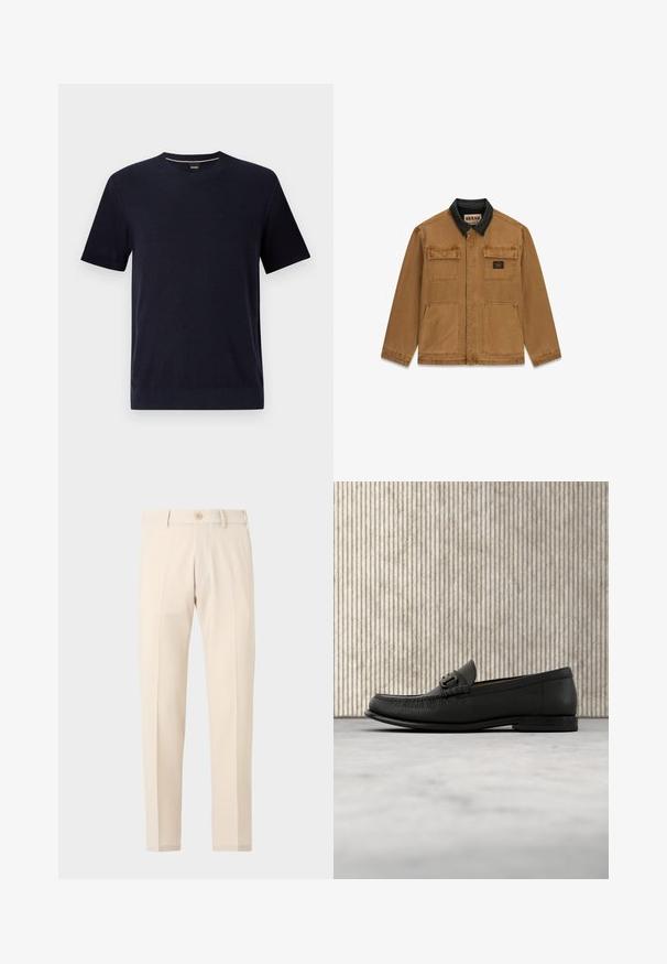 Herren Arbeitsjacke in Braun mit schwarzem Kragen, zwei Brusttaschen mit Klappen, zwei aufgesetzten Fronttaschen und verdecktem Frontreißverschluss.; Navy kurzes T-Shirt mit Rundhalsausschnitt aus strukturiertem Strickstoff und gerippten Bündchen. Dezetes Markenetikett am Hals. Minimalistisches Design.; Beige maßgeschneiderte Hose mit Knopfverschluss, Gürtelschlaufen und vorderen Bügelfalten, präsentiert auf einem einfarbigen hellen Hintergrund.; Schwarzer Lederloafer mit Metallspange, dargestellt über einem beigen Teppich, im Hintergrund ein brauner runder Tisch.