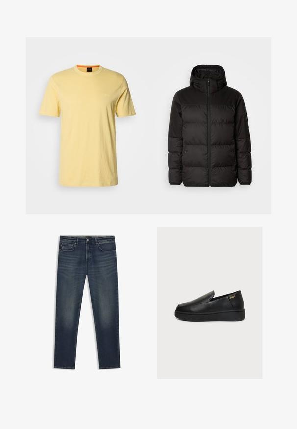 La doudoune noire est dotée d'une fermeture éclair, d'une capuche, de sections matelassées et de poignets élastiques, fabriquée à partir d'un matériau lisse et résistant à l'eau.; T-shirt jaune à col rond fabriqué en tissu doux, avec des manches courtes. Logo « BOSS » discret brodé dans une couleur assortie sur la poitrine.; Jeans en denim bleu foncé avec une coupe droite, un léger délavage, un style cinq poches et des détails de surpiqûres contrastantes.; Chaussure plateforme noire en cuir à enfiler, avec une semelle épaisse et un petit logo doré "HUGO" près du talon sur un fond clair uni.