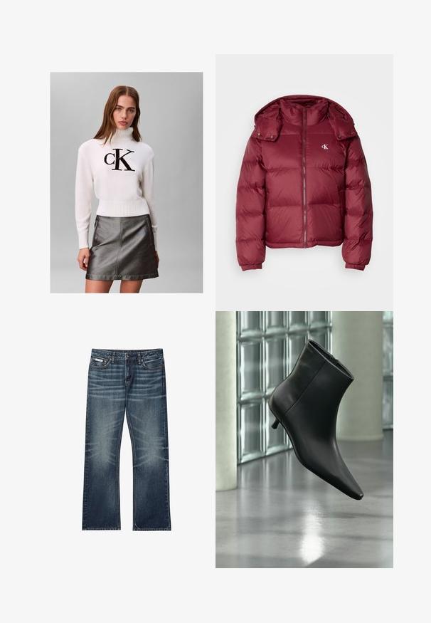 Bordeaux pufferjakke med lynlås foran, aftagelig hætte, ribbede manchetter og Calvin Klein-logo på brystet. Glat, blank overflade.; Ung kvinde iført en hvid turtleneck sweater med sort "CK" logo og en metallisk mørkegrå lædernederdel står foran en ensfarvet baggrund.; Mørkeblå denimjeans med afslappet pasform, brede ben og diskret vask. Har standard fem-lomme-design og bæltestropper.; Sort læderankelstøvle med spids tå og lav kitten-hæ, vist vinklet mod en poleret gulv- og glasblokvæg.