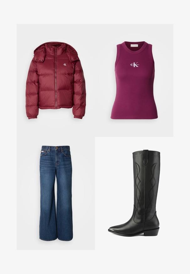 Bordeaux kleurige pufferjack met een rits aan de voorkant, afneembare capuchon, geribbelde boorden en het Calvin Klein-logo op de borst. Soepele, glanzende textuur.; Geribd, mouwloos tanktop in donkerpaars met een ronde hals en een wit "Calvin Klein"-logo op de borst. Zachte stof met een aangesloten pasvorm.; Wijdvallende jeans van donkerblauwe denim. Kenmerken zijn een hoge taille, vijf zakken en contrasterende oranje stiksels langs de naden.; Hoge zwarte leren laarzen hebben een spitse neus, blokhak en decoratieve stiksels met elkaar verweven lijnen langs de schacht.