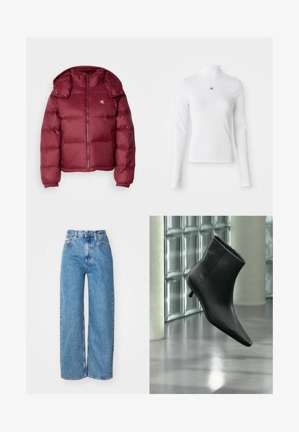 Bordová prešívaná bunda so zipsom vpredu, odnímateľnou kapucňou, ribbenými manžetami a logom Calvin Klein na hrudi. Hladký, lesklý povrch.; Dlhý rukáv, biely rolák vyrobený z ryhľovanej látky. Obsahuje malé vyšívané logo v strede. Priliehavý strih bez vzorov.; Svetlo modré riflové nohavice s širokými nohavicami a vysokým pásom, roztrhnutým okrajom a dizajnom s piatimi vreckami. Zničená textúra pridáva hĺbku látke.; Čierna kožená členková čižma so špicatou špičkou a nízkym kitten podpätkom, zobrazená šikmo na pozadí leštenej podlahy a steny zo sklenených blokov.