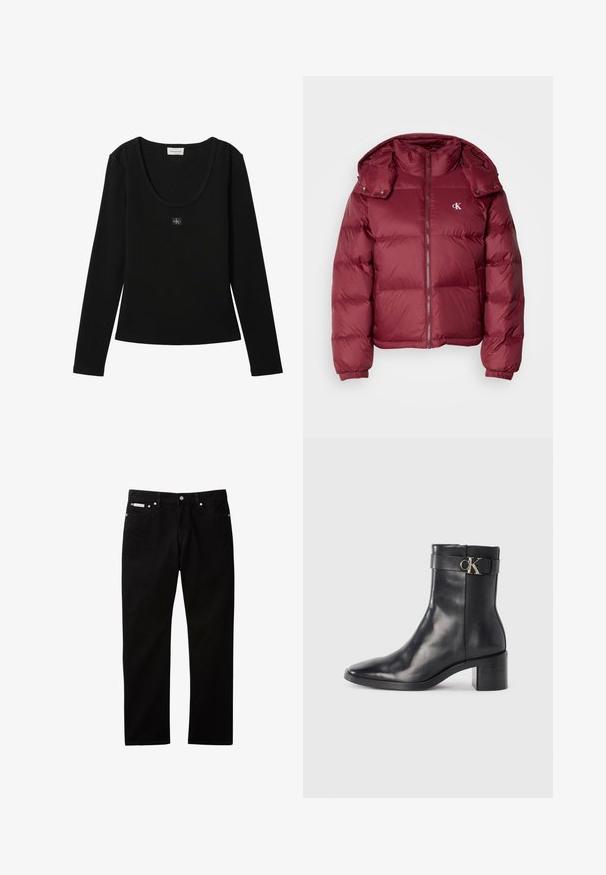 Bordeaux pufferjakke med lynlås foran, aftagelig hætte, ribbede manchetter og Calvin Klein-logo på brystet. Glat, blank overflade.; Sort langærmet ribbet top med rund halsudskæring og lille Calvin Klein logo patch centreret på brystet.; Sorte denimjeans med lige ben, der har knappelukning og lynlås, fem lommer og en lille logomærkat på taljen.; Sort læder ankelstøvle med spids tå, blokhæl og en rem med en metallisk logo detalje. Glat tekstur og minimalistisk design.