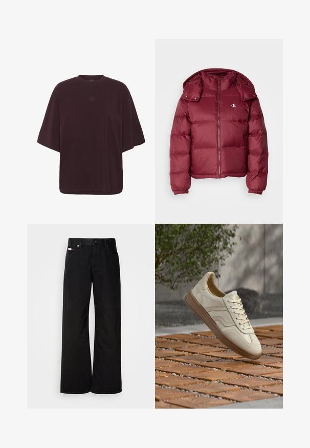 Bordová prešívaná bunda so zipsom vpredu, odnímateľnou kapucňou, ribbenými manžetami a logom Calvin Klein na hrudi. Hladký, lesklý povrch.; Veľká, krátkozrstá tmavočervená tričko s okrúhlym výstrihom a malým vyšitým logom na hrudi.; Čierne džínsy s širokými nohavicami vyrobené z bavlny. Majú predné vrecká, zapínanie na gombík a klasickú denimovú textúru. Minimalistický dizajn bez vzorov.; Tenisová obuv krémovej farby s textúrovanou béžovou gumovou podrážkou, šnurovacím dizajnom a jemným logom na boku. Hladký kožený zvršok.