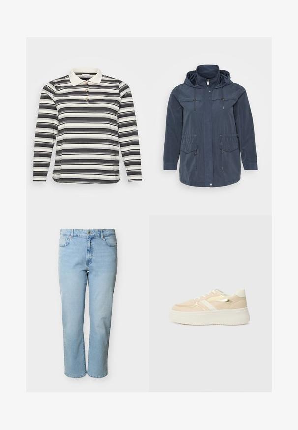 Veste bleu marine avec une capuche, dotée de deux poches supérieures, de cordons de serrage réglables et d'une fermeture à boutons-pression à l'avant. Matériau léger.; Polo à manches longues avec un motif rayé noir et blanc, doté d'un col blanc en contraste et de trois accents de boutons décoratifs.; Jean en denim bleu clair avec coupe droite, cinq poches, fermeture par bouton et passants pour ceinture, présenté sur un fond blanc.; Baskets plateformes beiges avec une semelle blanche. Dotées d'accents métalliques dorés et d'une texture lisse. Design lacé avec un embout arrondi.