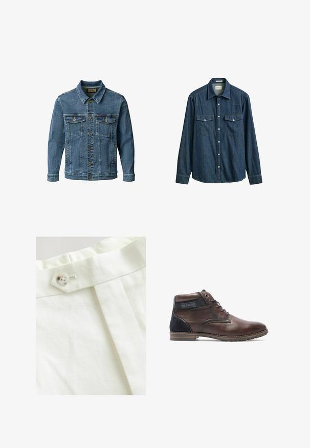 Blauwe spijkerjasje met knoopsluiting, twee borstzakken met kleppen en knopen, zijzakken en een klassieke kraag.; Donkerblauw denimsoverhemd met lange mouwen, drukknoopsluiting, twee borstzakken met kleppen en een puntkraag.; Witte stof met een gladde textuur, voorzien van een enkele knoopsluiting, een geplooid ontwerp en nette stikdetails.; Redskins ELEC - Veterboots - marron