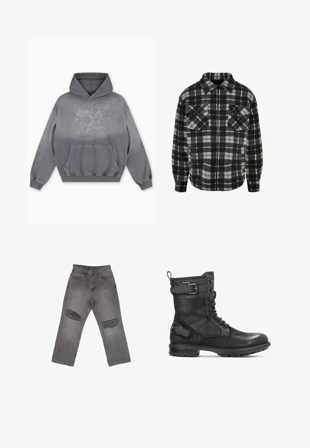 Chaqueta de franela a cuadros en negro y gris con cremallera frontal, cuello con solapa, dos bolsillos en el pecho y mangas largas con puños.; Sudadera con capucha gris con un estampado texturizado que presenta "FAVELA Worldwide" y un diseño de águila, bolsillo canguro delantero y puños acanalados.; Vaqueros de mezclilla gris de cintura alta con piernas anchas y grandes parches desgastados en ambas rodillas, con bolsillos delanteros y trabillas para el cinturón.; Kazar HEARD - Botines camperos - black