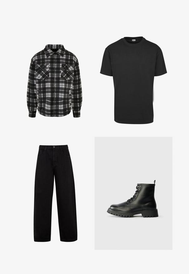 Chaqueta de franela a cuadros en negro y gris con cremallera frontal, cuello con solapa, dos bolsillos en el pecho y mangas largas con puños.; Camiseta negra de algodón con mangas cortas, cuello redondo y un ajuste estándar. La tela parece suave y sin adornos.; Jeans anchos negros de mezclilla, con bolsillos delanteros, cierre de botón y un diseño limpio y minimalista sin patrones visibles.; Botas de cuero negro hasta el tobillo con punta redonda, seis ojetes para cordones y una suela gruesa y texturizada con profundasranuras.