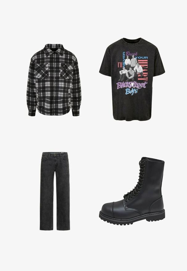 Veste en flanelle à carreaux noir et gris avec fermeture éclair à l'avant, col, deux poches sur la poitrine et manches longues avec des poignets retroussés.; T-shirt en coton noir avec un imprimé graphique de cinq figures assises et le texte « Je ne briserai jamais ton cœur » et « Backstreet Boys » en couleurs vives.; Jean en denim noir à coupe décontractée, jambes droites, design à cinq poches et texture légèrement délavée. Comprend une fermeture par bouton et zip.; Botte de combat en cuir noir avec un haut tige, fermeture lacée à l'avant, col rembourré et semelle texturée robuste pour une meilleure adhérence. Dotée d'un capuchon de protection renforcé.