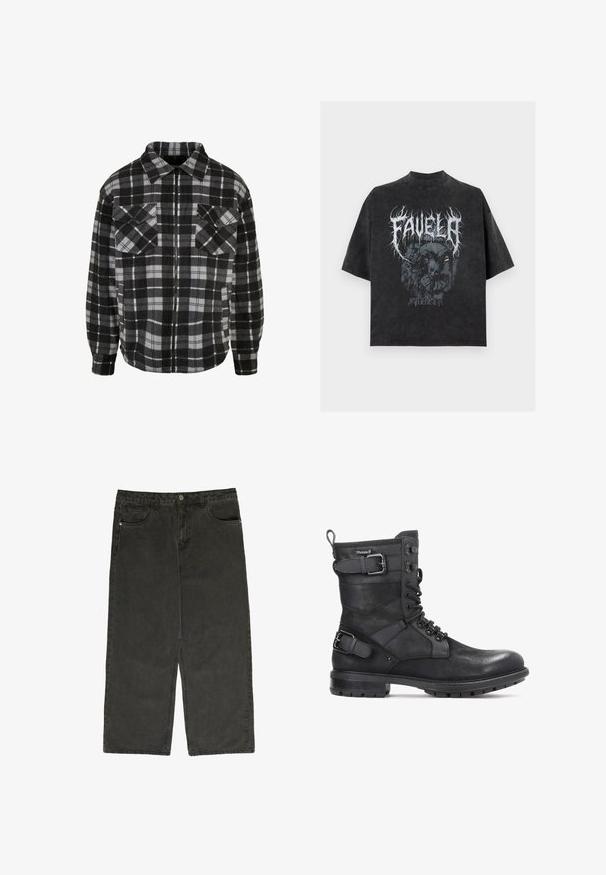 Schwarz-graue karierte Flanelljacke mit Reißverschluss vorne, Kragen, zwei Brusttaschen und langen Ärmeln mit umgeschlagenen Enden.; Schwarzes oversized T-Shirt mit weißem gezacktem Schriftzug „FAVELA“ und dunkler Grafik von zwei Clowns in der Mitte, darunter der Schriftzug „SADELA“.; Schwarze Denim-Hose mit weitem Bein und hoher Taille, fünf Taschen und Knopfverschluss. Weiche Textur und gerades Schnittdesign.; Kazar HEARD - Cowboy-/Bikerstiefelette - black