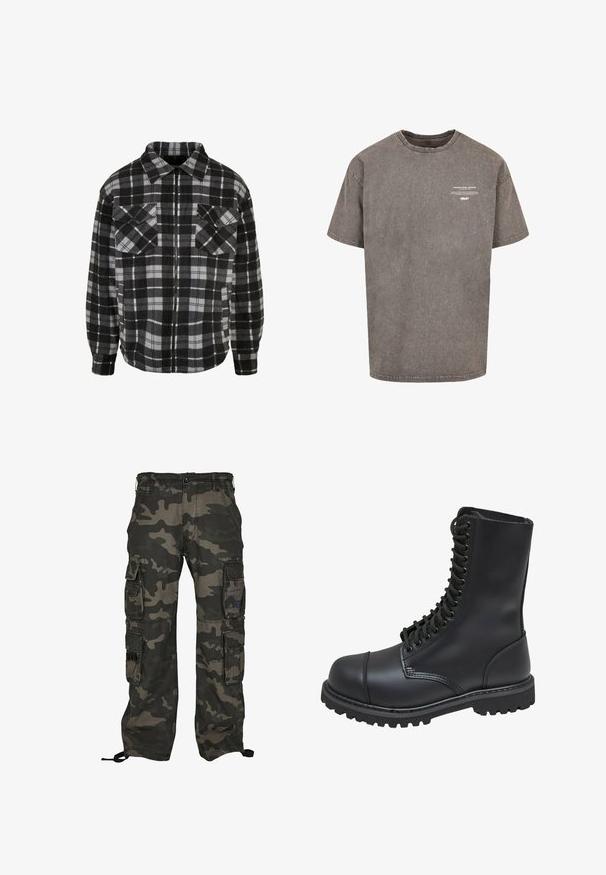 Zwart en grijs geruite flanellen jas met een rits aan de voorkant, kraag, twee borstzakken en lange mouwen met omgeslagen uiteinden.; Grijze oversized katoenen T-shirt met een ronde hals, korte mouwen, verouderde textuur en witte bedrukte tekst op de voorkant.; Camouflage cargobroek in donkergroen en grijs, met meerdere zijzakken, een knoopsluiting en verstelbare enkelkoordjes.; Zwarte leren gevechtslaars met een hoge schacht, vetersluiting aan de voorkant, gewatteerde kraag en een stevige, gestructureerde zool voor grip. Bevat een versterkte neus.
