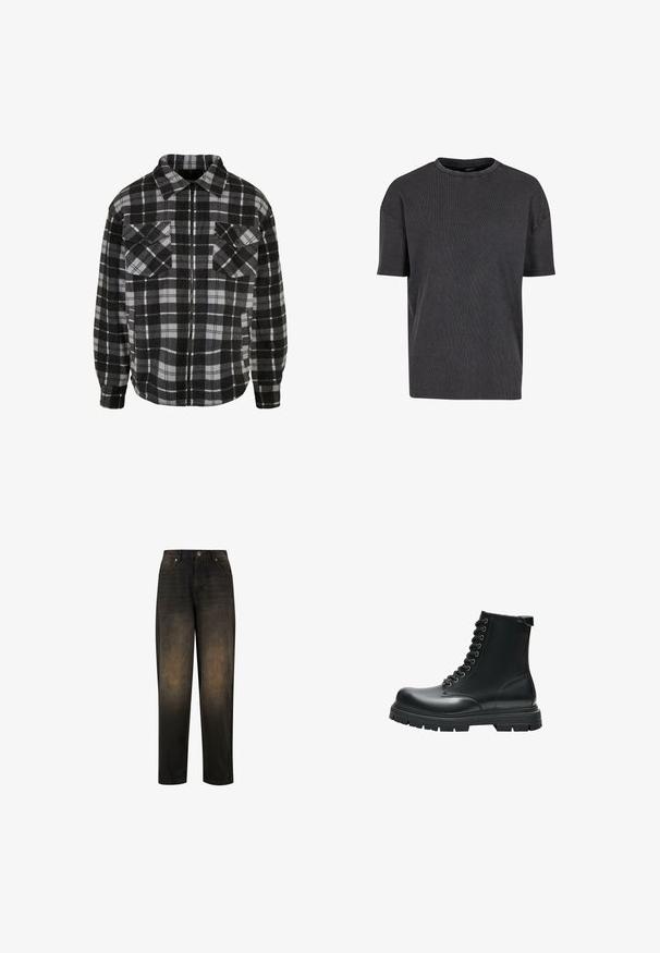 Sort og grå rutet flanneljakke med lynlås foran, krave, to brystlommer og lange ærmer med manchetter.; Urban Classics WASHED TEE - T-shirts basic - black; Mørk denim jeans med en let falmet finish, der har lige ben, fem lomme-design og metalknap lukning.; Sort læder militærstøvle med snørebånd, tyk gummisål og syninger, vist fra siden på hvid baggrund.