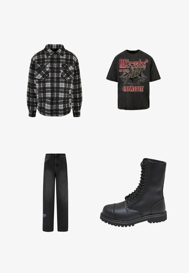 Sort og grå rutet flanneljakke med lynlås foran, krave, to brystlommer og lange ærmer med manchetter.; Sort grafisk t-shirt med en cowboy på en hest, med "MJ Gonzales™ THE ORIGINAL COWBOY" i fed rødt skrift. Blødt bomuldsstof.; Sorte denim bukser med bred benvidde og høj talje, med to forlommer og en dekorativ logodetalje på det nederste ben.; Sort læder kampstøvle med høj skaft, snørebånd foran, polstret krave og en robust tekstureret sål for godt greb. Har forstærket tåhætte.