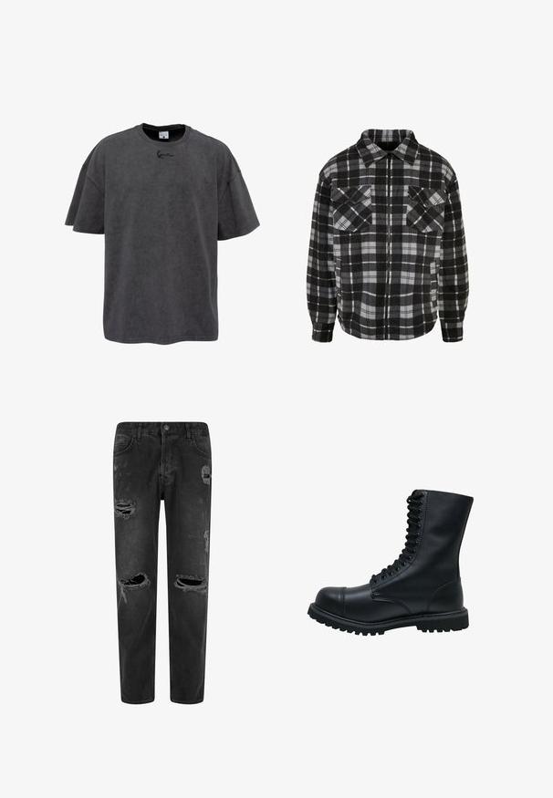 Zwart en grijs geruite flanellen jas met een rits aan de voorkant, kraag, twee borstzakken en lange mouwen met omgeslagen uiteinden.; Grijze oversized t-shirt van een katoenmix, met een ronde hals en korte mouwen. Het heeft een subtiele geborduurde logo op de borst.; Zwarte spijkerbroeken van denim met een ontspannen pasvorm, voorzien van gescheurde details en meerdere opengebarsten gebieden. Vijf-pocket ontwerp met een knoopsluiting.; Zwarte leren veterschoen met een ronde neus, hoge schacht, dikke rubberen zool en een gestructureerd oppervlak. Heeft versterkte stiksels langs de naden.