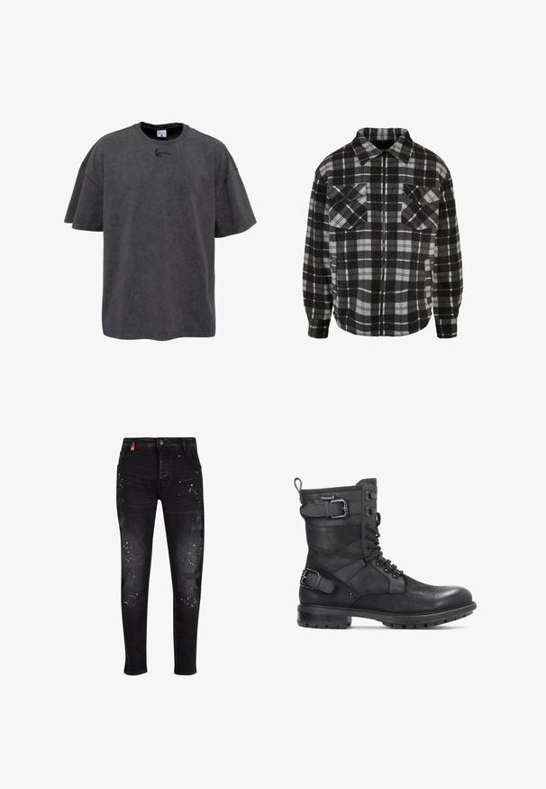 Zwart en grijs geruite flanellen jas met een rits aan de voorkant, kraag, twee borstzakken en lange mouwen met omgeslagen uiteinden.; Grijze oversized t-shirt van een katoenmix, met een ronde hals en korte mouwen. Het heeft een subtiele geborduurde logo op de borst.; Zwarte denim jeans met verwerkte patches, witte verfspat accenten, ritssluiting en een slim-fit ontwerp.; Kazar HEARD - Cowboy-/Bikerlaarsjes - black