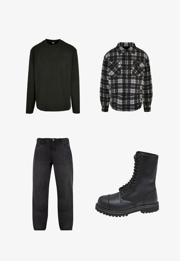 Chaqueta de franela a cuadros en negro y gris con cremallera frontal, cuello con solapa, dos bolsillos en el pecho y mangas largas con puños.; Camiseta negra de manga larga hecha de algodón, con cuello redondo y dobladillo recto. Diseño minimalista sin patrones ni acentos.; Vaqueros de mezclilla oscura con corte recto, que cuentan con cinco bolsillos, cierre de botón y un ligero desgastado. El material tiene una textura suave.; Bota de combate de cuero negro con caña alta, parte frontal con cordones, cuello acolchado y suela texturizada resistente para un buen agarre. Presenta una puntera reforzada.