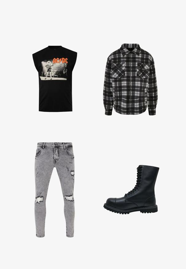 Schwarz-graue karierte Flanelljacke mit Reißverschluss vorne, Kragen, zwei Brusttaschen und langen Ärmeln mit umgeschlagenen Enden.; Schwarzes ärmelloses T-Shirt mit einem grafischen Druck eines Musikers mit einer Gitarre und dem Text "AC/DC FIFTY" in Rot und Weiß. Aus Baumwolle.; Graue Slim-Fit-Denimjeans mit verwaschenen Stellen und Rissen an den Knien. Fünf-Taschen-Design mit klassischem Knopfverschluss.; Schwarze Leder Schnürstiefel mit runder Zehenkappe, hohem Schaft, dicker Gummisohle und texturierter Oberfläche. Enthält verstärkte Nähte entlang der Nähte.