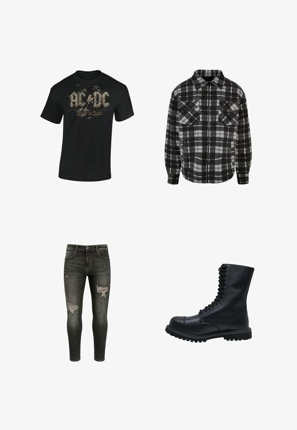 Schwarz-graue karierte Flanelljacke mit Reißverschluss vorne, Kragen, zwei Brusttaschen und langen Ärmeln mit umgeschlagenen Enden.; Schwarzes Baumwoll-T-Shirt mit einem Grafikdruck von "AC/DC" und "Rock or Bust" in abgenutzter, stilisierter Schrift mit Spritzern.; Schwarze enge Jeans mit Rissen an den Oberschenkeln, mittlerer Waschung, klassisches Fünf-Taschen-Design und Metallknopfverschluss.; Schwarze Leder Schnürstiefel mit runder Zehenkappe, hohem Schaft, dicker Gummisohle und texturierter Oberfläche. Enthält verstärkte Nähte entlang der Nähte.