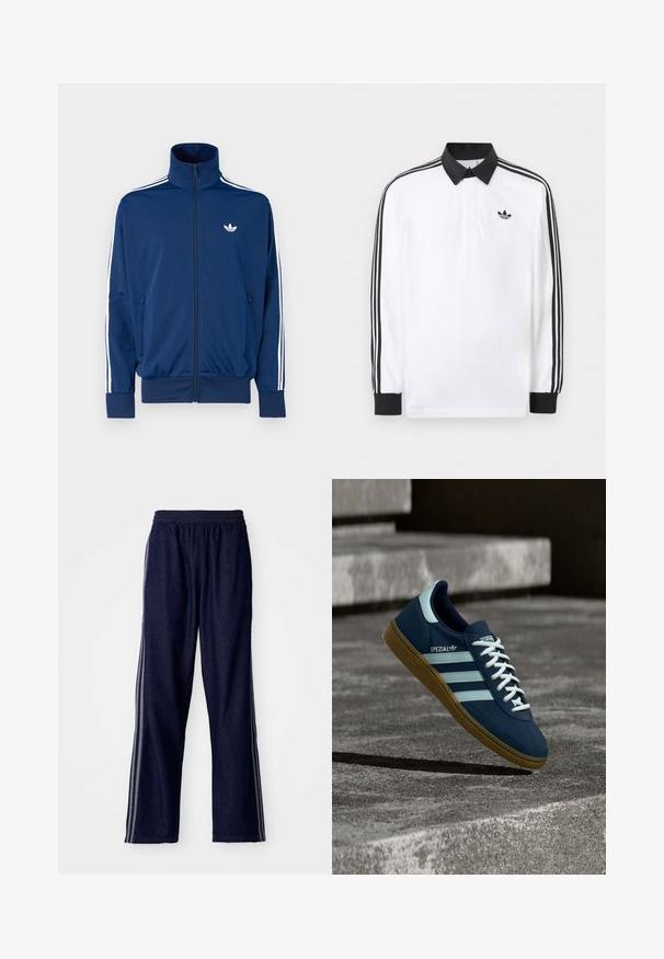 Marineblauw trainingsjack met een hoge kraag, rits aan de voorkant en witte strepen langs de mouwen. Heeft een klein wit logo op de borst.; Witte lange mouwen polo met zwarte kraag, zwarte manchetten, zwart drie-strepen ontwerp op de mouwen en zwart Adidas-logo op de borst.; Marineblauwe sportbroek met een elastische tailleband, voorzien van drie witte zijstrepen en een recht-aansluitend ontwerp. Zachte denim structuur.; Blauwe Adidas Spezial sneaker met witte strepen en veters, gumzool, zwevend boven een ruwe betonnen oppervlakte en trappen op de achtergrond.