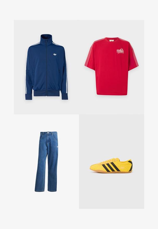 Tmavomodrá športová bunda s vysokým golierom, predným zipsom a bielymi pruhmi na rukávoch. Na hrudi je malá biela logo.; Červené tričko Adidas s krátkym rukávom, bielym logom a futbalovou grafikou na ľavej strane hrudníka a tromi bielymi pruhmi na každom rukáve.; Modré riflové nohavice s vysokým pásom a širokým strihom, s prednými vreckami, pútkami na opasok, zapínaním na gombík a malým logom Adidas na pravej stehne.; Žltá športová obuv s textúrovaným zvrškom, s čiernymi pruhmi a logom. Zaoblená špička, mäkká podrážka a vzor v tvare cik-cak na materiáli.