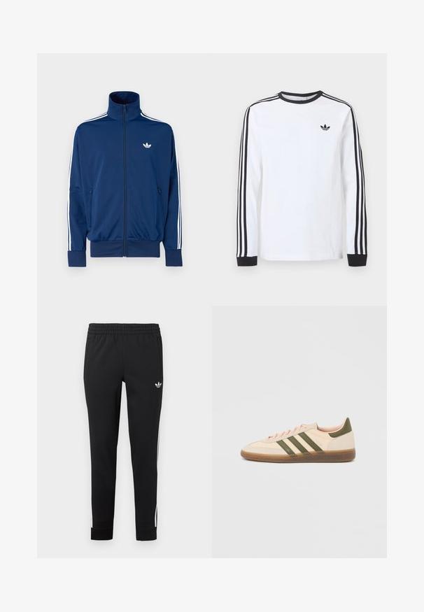 Tumši zila sporta jaka ar augstu apkakli, priekšā rāvējslēdzējs un baltas svītras uz piedurknēm. Uz krūtīm ir neliels balts logotips.; Balta Adidas garām piedurknēm krekls ar melnu apļveida apkakli, melnām aprocēm, trim melnām svītrām uz piedurknēm un melnu trefoil logo uz krūtīm.; Melni sportiski svārki, izgatavoti no gludas auduma. Iezīmēti ar elastīgu jostasvīru, sānu kabatām un baltām svītrām gar kājām.; Zemprofilas bēša Adidas Spezial sporta apavi ar zaļām svītrām, gumijas zoli un uzrakstu "SPEZIAL" sānos, redzams no ārējās puses.