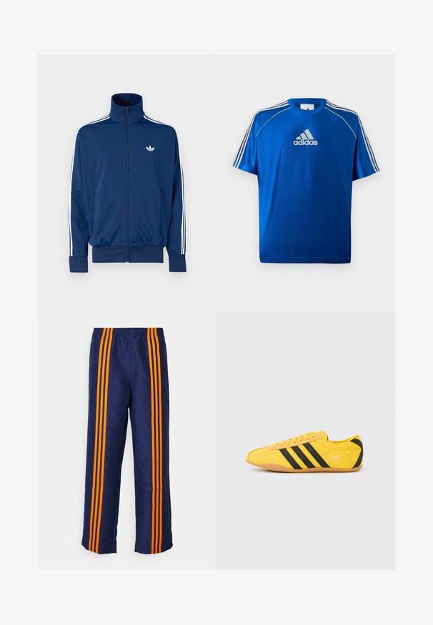 Tmavomodrá športová bunda s vysokým golierom, predným zipsom a bielymi pruhmi na rukávoch. Na hrudi je malá biela logo.; Modré športové tričko Adidas s bielym logom na hrudi, bielymi pruhmi na ramenách a neónovo žltým lemovaním na švových ramenách.; Námornícke modré nohavice s celoplošnou vzorovanou textúrou a tromi výraznými oranžovými pruhmi na každej strane. Elastická pásová časť v hornej časti.; Žltá športová obuv s textúrovaným zvrškom, s čiernymi pruhmi a logom. Zaoblená špička, mäkká podrážka a vzor v tvare cik-cak na materiáli.