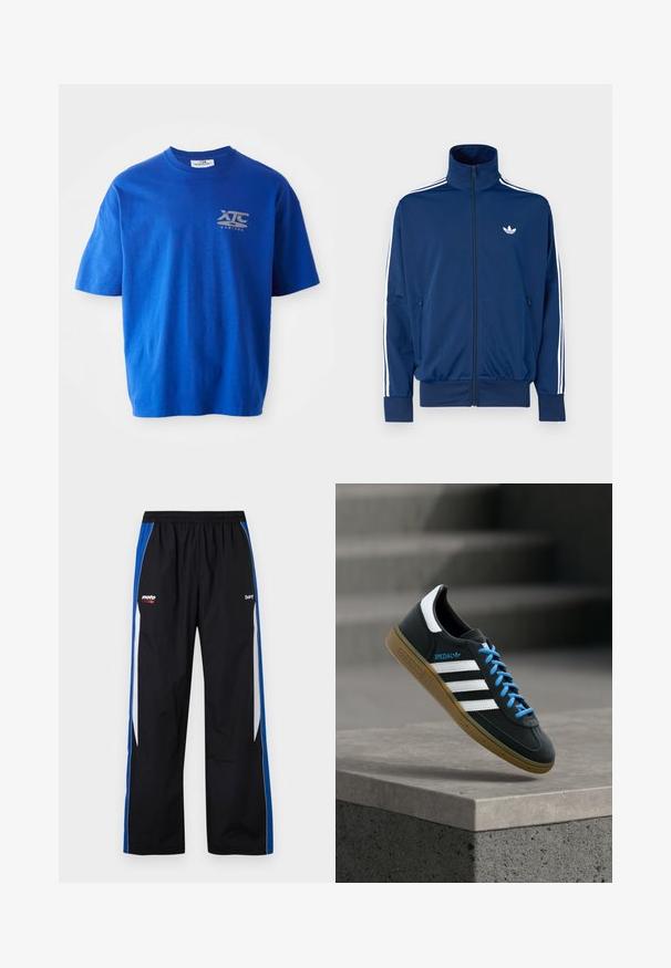 Marineblauw trainingsjack met een hoge kraag, rits aan de voorkant en witte strepen langs de mouwen. Heeft een klein wit logo op de borst.; Blauwe katoenen T-shirt met korte mouwen, voorzien van een grijs logo op de bovenste linkerborst, ronde hals en een relaxte fit.; Zwarte trainingsbroek met blauwe en witte zijstrepen, elastische tailleband en kleine witte en rode "moto" en "bare" logo's aan de voorkant.; Zwarte Adidas-sneaker met witte strepen, blauwe veters en een gumzool die boven een grijze betonnen trede zweeft in zacht licht.