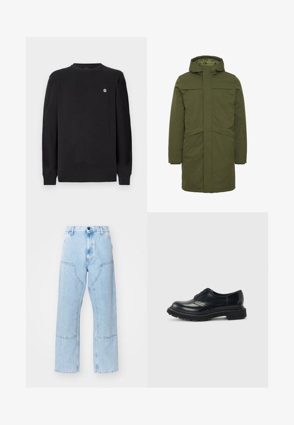 Olivgrüne Parkajacke mit Reißverschluss vorne, Kapuze und zwei Vordertaschen; hat eine glatte Außenstruktur und eine isolierte Innenauskleidung.; Schwarzer Langarm-Crewneck-Sweatshirt mit kleinem weißen runden Logo auf der linken Brust, gerippten Bündchen und Saum.; Hellblaue, gerade geschnittene Jeans mit großen Fronttaschen und kontrastierenden Nähten. Der Stoff hat eine ausgewaschene, weiche Textur.; Schwarzer Leder-Schnürschuh mit dicker, profilierter Sohle, glatter Oberfläche und niedrigem Absatz, von der Seite vor einem schlichten Hintergrund gezeigt.