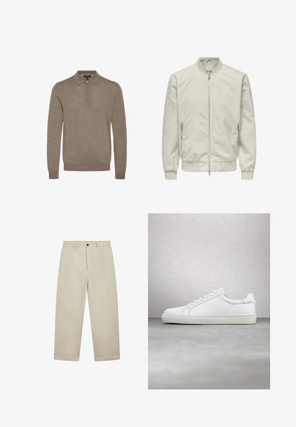 Lichtbeige bomberjack met geribbelde kraag, manchetten en zoom, voorzien van een voorrits en twee ritssluitingen aan de zijkant.; Lichtbruine pullover met een ritskraag, lange mouwen en een zachte textuur, gemaakt van fijn gebreid materiaal.; Beige rechte broek met riemlussen, knoopsluiting aan de voorkant en zijzakken, weergegeven op een witte achtergrond.; Witte sneaker met een gladlederen bovenwerk en een laag profiel. Voorzien van een ronde neus, zes vetergaatjes en een gestructureerde rubberen zool.
