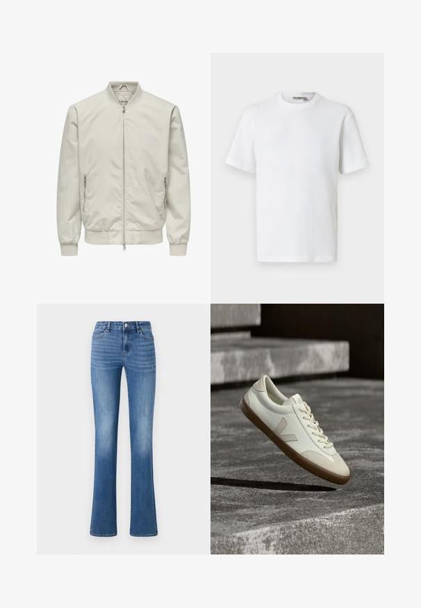 Lysebeige bomberjakke med ribstrikket krave, manchetter og kant, med en frontlynlås og to lynlåslommer på siderne.; Hvid kortærmet t-shirt i vaffelmønster med rund hals og et lille mærke med brandnavn inde i kraven, vist på en ensfarvet baggrund.; ONLY ONLWAUW MID WAIST - Jeans Slim Fit - medium blue denim; Hvide læder sneakers med tanfarvet gummisål, flade snørebånd og V-formet detalje på siden. Har en glat overflade og minimale syninger.