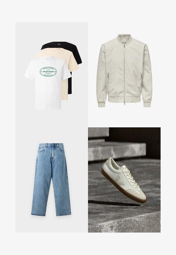 Lysebeige bomberjakke med ribstrikket krave, manchetter og kant, med en frontlynlås og to lynlåslommer på siderne.; Tre stablede T-shirts med rund hals i sort, beige og hvid, hvor den hvide T-shirt har grøn tekst "Jack & Jones Worldwide".; Lyseblå denimjeans med høj talje, brede, lige ben, forreste knapper, lynlås og fem-lommers design.; Hvide læder sneakers med tanfarvet gummisål, flade snørebånd og V-formet detalje på siden. Har en glat overflade og minimale syninger.