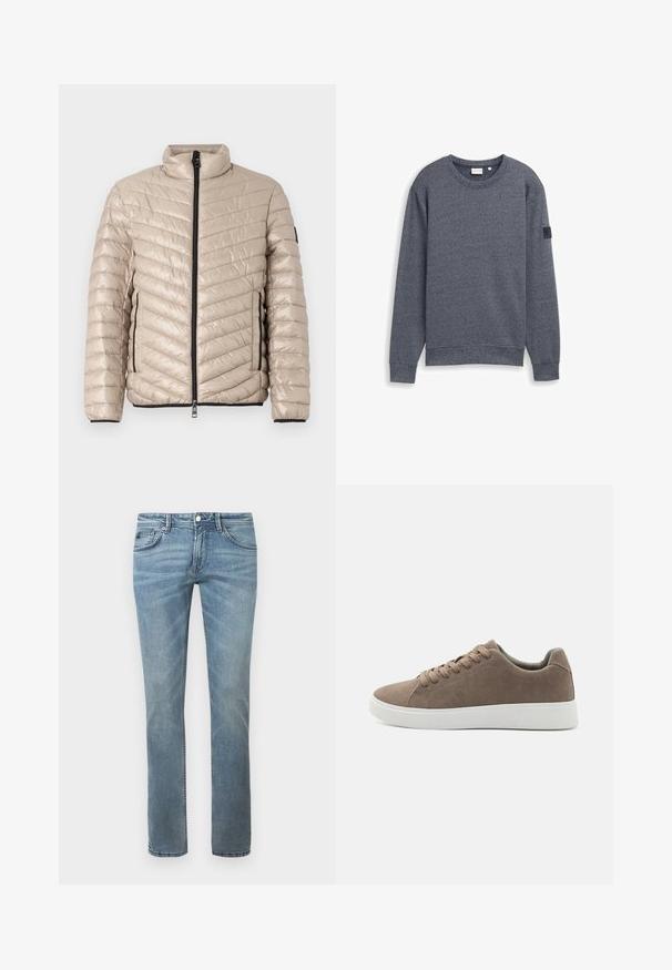 TOM TAILOR LIGHTWEIGHT JACKET - Ľahká bunda - light cashmere; Sivý dlhý rukáv mikina vyrobená z textúrovaného materiálu, s okrúhlym výstrihom a rebrovanými manžetami. Obsahuje minimalistický dizajn bez ozdôb.; Svetlomodré džínsy so strihom rovného nohavice, vyrobené z denimu. Vlastnosti zahŕňajú štandardné vrecká, pútka na opasok a jemné vyblednutie.; Hnedé semišové tenisky s plochými bielymi gumovými podrážkami, dizajn so šnurovaním, zaoblená špička a hladká textúra. Minimalistický štýl s jemnými švovými detailmi.