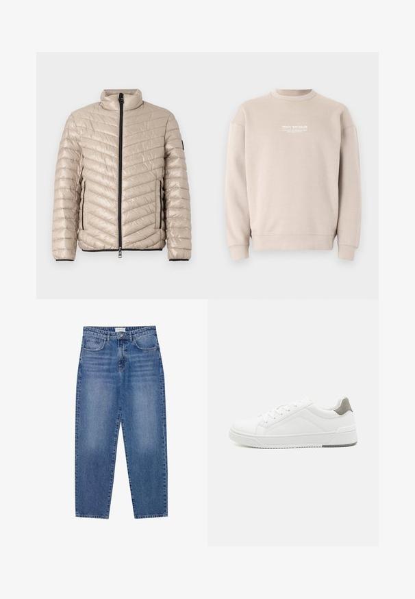 TOM TAILOR LIGHTWEIGHT JACKET - Ľahká bunda - light cashmere; Béžová mikina vyrobená z mäkkého materiálu s dizajnom okrúhleho výstrihu. Obsahuje biele textové logo na hrudi a rebrované manžety a spodný lem.; Modré denimové džínsy s vysokým pásom, rovný strih a vyblednutý vzhľad. Obsahujú päť vreciek a zapínanie na gombík.; Biele tenisky z hladkej koženej tkaniny, zaoblenou špičkou, minimalistickým dizajnom, sivým akcentom na päte a textúrovanou gumovou podrážkou.