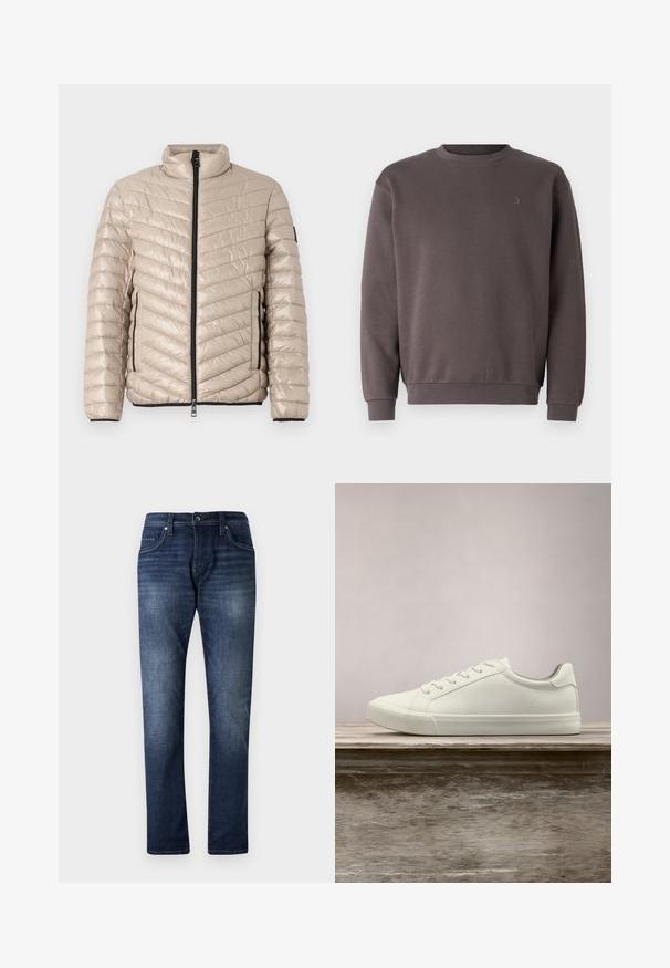 TOM TAILOR LIGHTWEIGHT JACKET - Veste mi-saison - light cashmere; Sweat-shirt en coton gris avec un col rond, des poignets et un ourlet côtelés. Présente un petit logo ton sur ton sur la poitrine. Texture douce.; Jean en denim bleu foncé avec une coupe droite, présentant un effet délavé, cinq poches et des coutures visibles le long des coutures.; Sneaker en dentelle blanche flottant au-dessus d'un banc en bois avec un feuillage vert en arrière-plan, mettant en valeur le design et la texture de la chaussure.