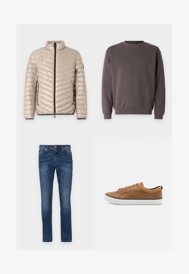 TOM TAILOR LIGHTWEIGHT JACKET - Kerge jope - light cashmere; Hallharja puuvillane särk ümmarguse kaelusega, rippuva sääre ja alläärga. Ees on väike, tooniühtlane logo. Pehme tekstuur.; Tumed sinise denimi teksad, sirge lõikega, viie taskuga, kerge kulumisjälg ja kontrastvärviline õmblus, nööpkinnitus vööl.; Pruunid nahast tossud ümarate varvastega, valge tallaga ja tumesiniste aktsentidega. Omavad metallist silmadega ja tekstureeritud kaelakaunistust.
