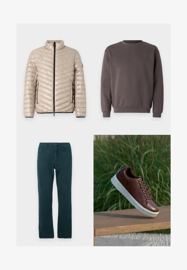 TOM TAILOR LIGHTWEIGHT JACKET - Veste mi-saison - light cashmere; Sweat-shirt en coton gris avec un col rond, des poignets et un ourlet côtelés. Présente un petit logo ton sur ton sur la poitrine. Texture douce.; Jean droit bleu canard avec fermeture à bouton et zip à l'avant, poches avant et arrière, présenté à plat sur fond blanc.; Baskets en cuir marron avec semelle en caoutchouc blanche, design à lacets, texture lisse, bout arrondi et détails de couture subtils.
