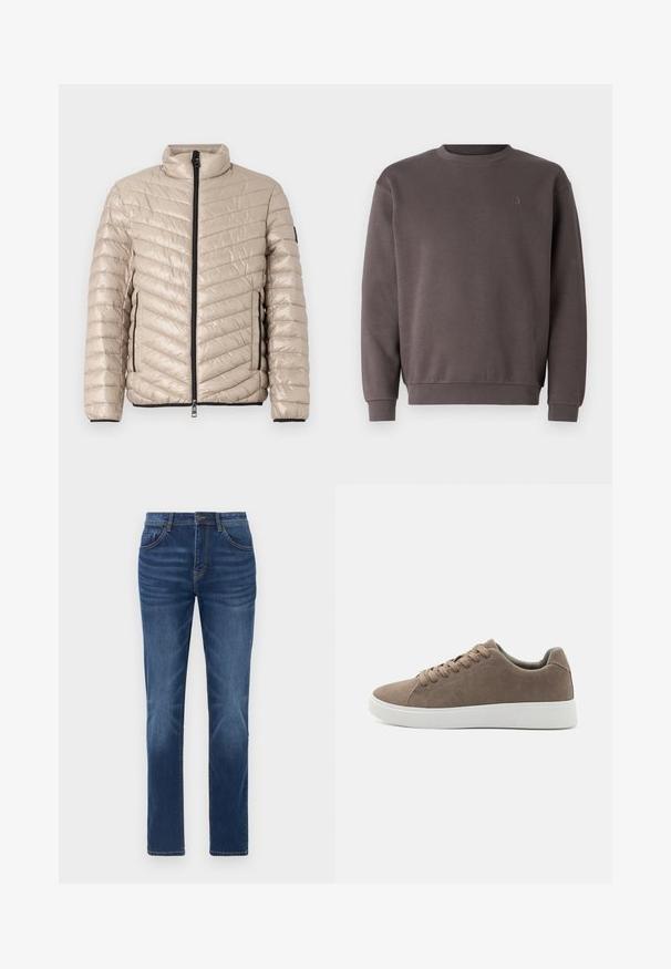 TOM TAILOR LIGHTWEIGHT JACKET - Ľahká bunda - light cashmere; Sivý bavlnený sveter s okrúhlym výstrihom, rebrovanými manžetami a lemom. Obsahuje malé, tónované logo na hrudi. Mäkká textúra.; Tmavomodré denimové džínsy s klasickým rovný strihom, dizajnom s piatimi vreckami a miernym vyblednutím na nohách. Obsahujú zapínanie na gombík a zips.; Hnedé semišové tenisky s plochými bielymi gumovými podrážkami, dizajn so šnurovaním, zaoblená špička a hladká textúra. Minimalistický štýl s jemnými švovými detailmi.