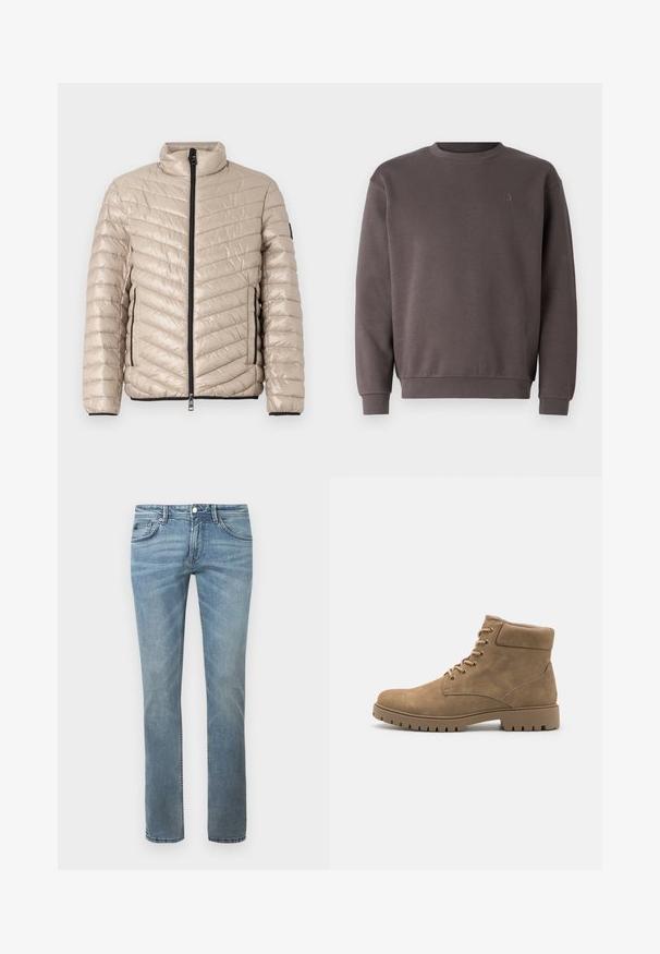 TOM TAILOR LIGHTWEIGHT JACKET - Ελαφρύ μπουφάν - light cashmere; Γκρι φούτερ από βαμβάκι με στρογγυλή λαιμόκοψη, ribbed μανσέτες και στρίφωμα. Διαθέτει ένα μικρό, τονικό λογότυπο στο στήθος. Μαλακή υφή.; Ανοιχτό μπλε τζιν με ίσια γραμμή, φτιαγμένο από τζιν ύφασμα. Χαρακτηριστικά περιλαμβάνουν κανονικές τσέπες, θηλιές για ζώνη και απαλές φθορές.; Καφέ σουέτ ankle μποτάκια με στρογγυλή μύτη, μαλακή επένδυση στον γλουτό, έξι ζευγάρια οπών για κορδόνια και χοντρή καουτσούκ σόλα με ραβδωτή λεπτομέρεια.