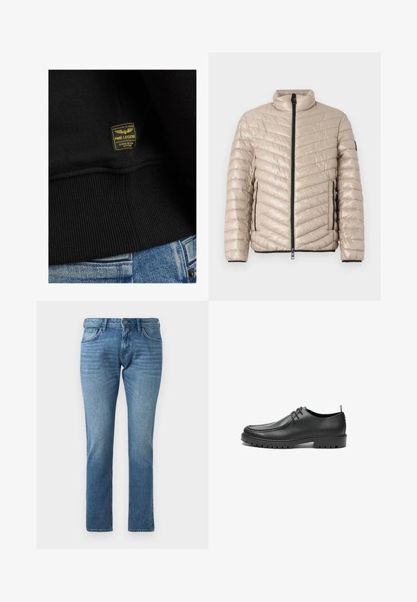 TOM TAILOR LIGHTWEIGHT JACKET - Jas - light cashmere; Zwarte sweatshirt met geribbelde zoom en een geel-zwart label met de tekst "PME LEGEND," genaaid op de stof. Gemaakt van textuurkatoen.; TOM TAILOR DENIM TTPIERS SLIM FIT - Slim fit jeans - used mid stone blue denim; Zwarte lederen schoenen met een gladde afwerking, ronde neus en decoratieve stiksels. Beschikt over een rubberen zool met tractiegrepen en een vetersluiting.