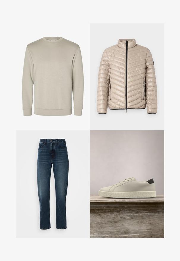 TOM TAILOR LIGHTWEIGHT JACKET - Jas - light cashmere; Beige lange mouwen sweater met ronde hals, geribde manchetten en zoom, weergegeven op een effen witte achtergrond.; Donkerblauwe recht gesneden jeans met een sluiting met knoop en rits aan de voorkant, vijf-pocket ontwerp en subtiele vervaging op de dijen en knieën.; Witte sneaker met gestructureerde zool en zwarte hieldetails, zwevend boven een houten bank met hoge groene graspluimen op de achtergrond.