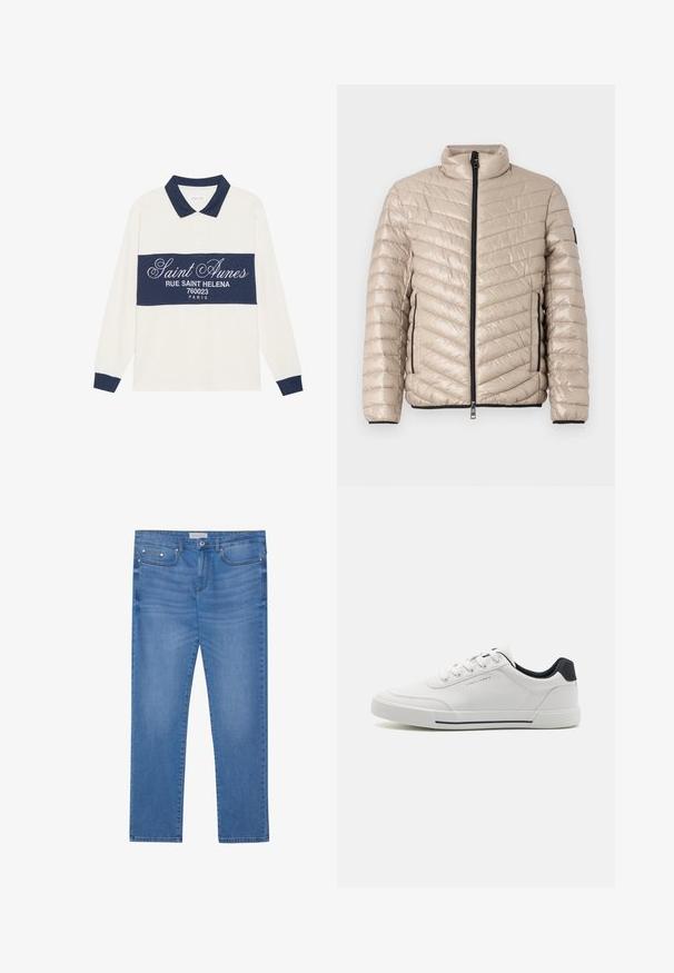 TOM TAILOR LIGHTWEIGHT JACKET - Ελαφρύ μπουφάν - light cashmere; Πόλο με μακριά μανίκια, κρέμα και ναυτική μπλε, με μίγμα βαμβακιού. Διαθέτει μια ναυτική μπλε λωρίδα με λευκό κείμενο και κλασικό γιακά με ναυτική μπλε επένδυση.; Ανοιχτογάλαζα τζιν παντελόνια με ίσια γραμμή, σχέδιο πέντε τσέπες, ελαφριά ξεθώριασμα και μεταλλικές λεπτομέρειες στη μέση και τις τσέπες.; Λευκά αθλητικά παπούτσια με ομαλή συνθετική επένδυση, στρογγυλή μύτη, σχέδιο με κορδόνια, ναυτικό μπλε λεπτομέρεια στη φτέρνα και υφή καουτσούκ σόλα με μαύρη ρίγα.