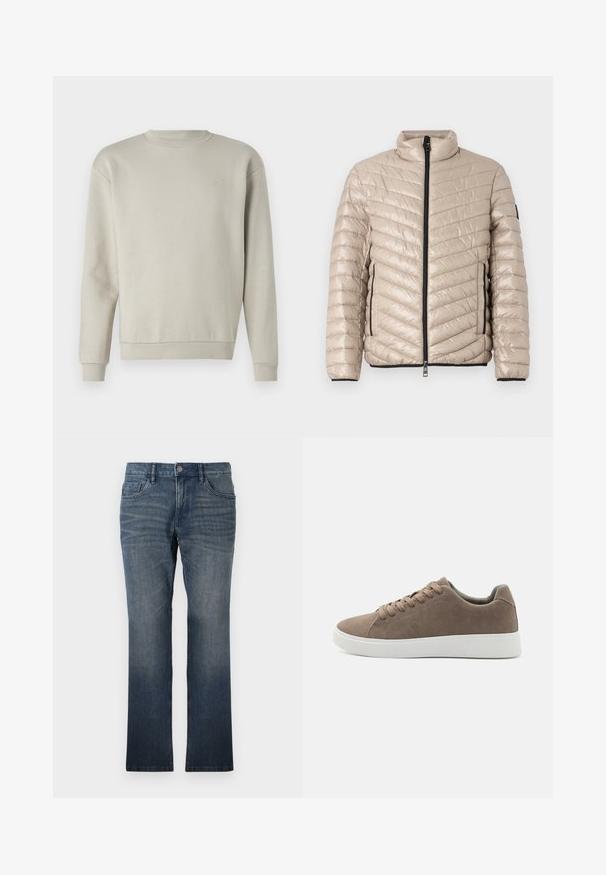 TOM TAILOR LIGHTWEIGHT JACKET - Chaqueta de entretiempo - light cashmere; Sudadera gris claro con cuello redondo, mangas largas y textura suave. Presenta un pequeño logo bordado en el pecho.; TOM TAILOR MARVIN - Vaqueros rectos - dark stone wash denim; Zapatillas de ante marrón con suelas de goma blanca planas, diseño de cordones, punta redondeada y una textura suave. Estilo minimalista con sutiles detalles de costura.