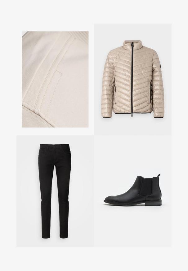 TOM TAILOR LIGHTWEIGHT JACKET - Jas - light cashmere; Beige katoenstof met zichtbare stiksels en een vlakke, gladde textuur. Heeft een subtiel zakdetail langs de naad.; Zwarte denim jeans met een slim fit, vijf-pocket ontwerp, ritssluiting en een schone, gladde textuur. Standaard tailleband met riemlussen.; Zwarte leren Chelsea boot met elastische zijpanelen, ronde neus en treklus, met een lage blokhak en een gladde textuur.