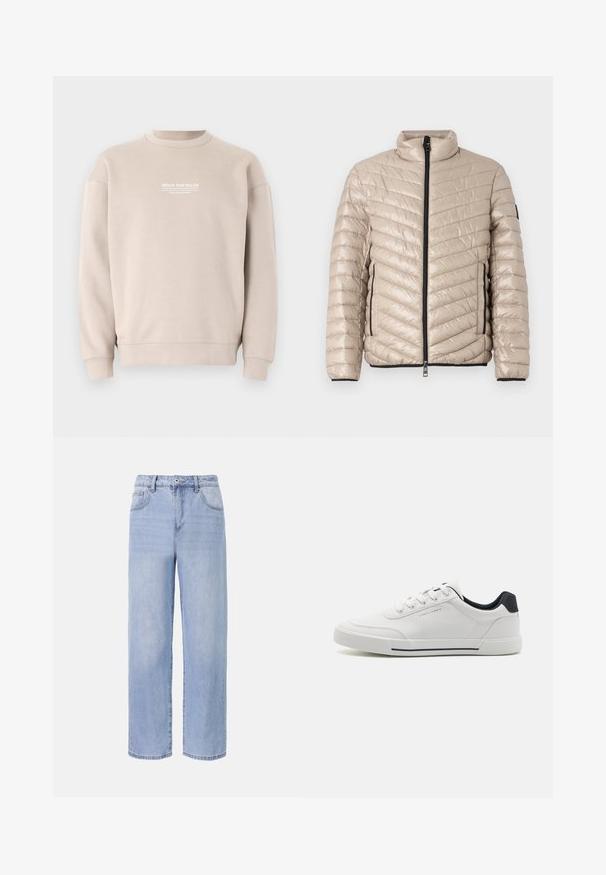 TOM TAILOR LIGHTWEIGHT JACKET - Übergangsjacke - light cashmere; Beige Sweatshirt aus weichem Stoff mit einem Rundhalsausschnitt. Mit weißem Textlogo auf der Brust sowie gerippten Bündchen und Saum.; Helle blaue Denim-Jeans mit einem lockeren, weiten Design. Zu den Merkmalen gehören fünf Taschen, ein Frontknopfverschluss und subtile Verblassungen.; Weiße Sneakers mit einem glatten synthetischen Obermaterial, runder Spitze, Schnürdesign, marineblauem Akzent an der Ferse und einer strukturierten Gummisohle mit einem schwarzen Streifen.