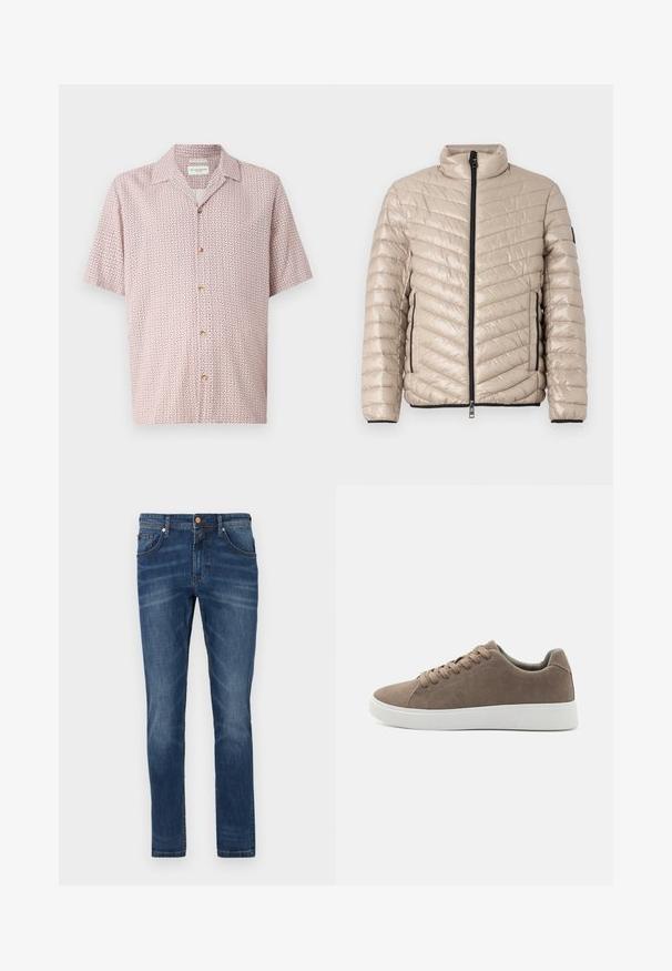 TOM TAILOR LIGHTWEIGHT JACKET - Jas - light cashmere; Korte mouwen shirt in lichtroze met een geometrisch bloemenpatroon. Heeft een knoopsluiting aan de voorkant en een klassiek kraag. Gemaakt van zachte stof.; Donkerblauwe denim jeans met een rechte pijp, vijf zakken, subtiele vervaging, contrasterende stiksels en een knoopsluiting in de taille.; Bruine suède sneakers met platte witte rubberen zolen, vetersluiting, ronde neus en een gladde textuur. Minimalistische stijl met subtiele stikdetails.
