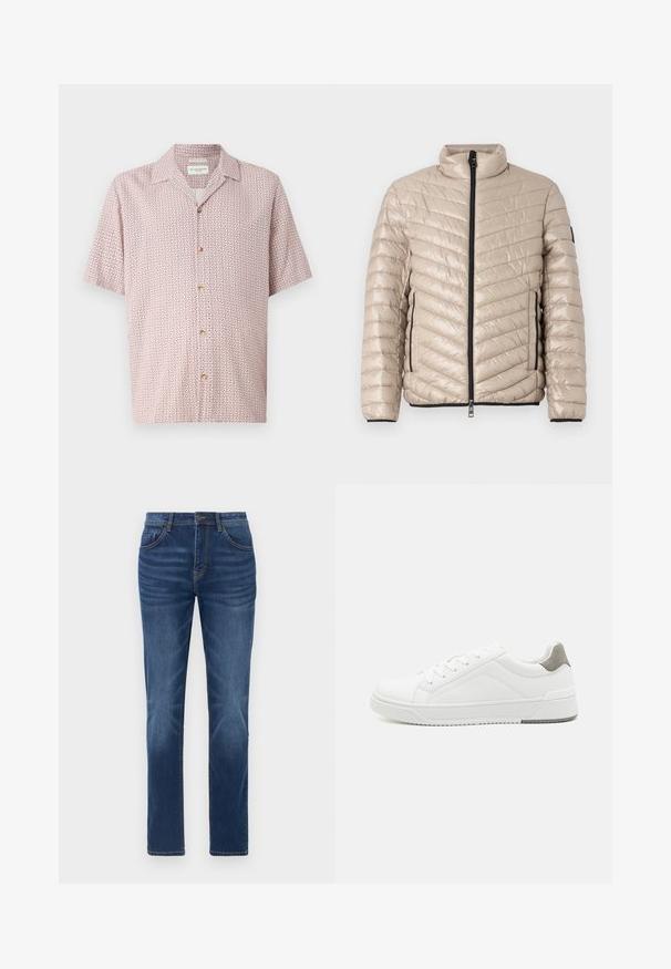 TOM TAILOR LIGHTWEIGHT JACKET - Ľahká bunda - light cashmere; Krátky rukáv košele v svetloružovej farbe s geometrickým kvetinovým vzorom. Obsahuje zapínanie na gombíky a klasický golier. Vyrobená z mäkkého materiálu.; Tmavomodré denimové džínsy s klasickým rovný strihom, dizajnom s piatimi vreckami a miernym vyblednutím na nohách. Obsahujú zapínanie na gombík a zips.; Biele tenisky z hladkej koženej tkaniny, zaoblenou špičkou, minimalistickým dizajnom, sivým akcentom na päte a textúrovanou gumovou podrážkou.