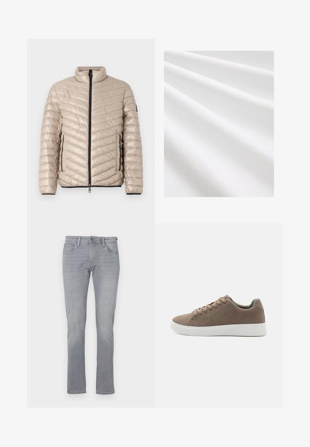 TOM TAILOR LIGHTWEIGHT JACKET - Jas - light cashmere; Katoenen stof, witte kleur, zachte textuur met subtiele vouwen en plooien. Gelijke oppervlakte, licht reflecterend, zonder patronen of accenten.; Grijze denim jeans met een rechte pijp, voorzien van een sluiting met een knop en rits aan de voorkant, vijf zakken en subtiele vervagingen overal.; Bruine suède sneakers met platte witte rubberen zolen, vetersluiting, ronde neus en een gladde textuur. Minimalistische stijl met subtiele stikdetails.