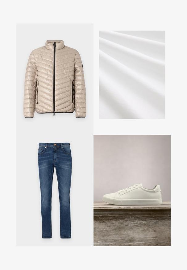 TOM TAILOR LIGHTWEIGHT JACKET - Übergangsjacke - light cashmere; Baumwollstoff, weiße Farbe, glatte Textur mit subtilen Falten und Knicken. Gleichmäßige Oberfläche, leicht reflektierend, ohne Muster oder Akzente.; Dunkelblaue Jeans aus Denim mit geradem Bein, fünf Taschen, dezente Verwaschungen, kontrastierende Nähte und einem Knopfverschluss an der Taille.; Weiße Schnürsneaker, die über einer Holzbank mit grünem Laub im Hintergrund schweben und das Schuhdesign sowie die Textur zeigen.