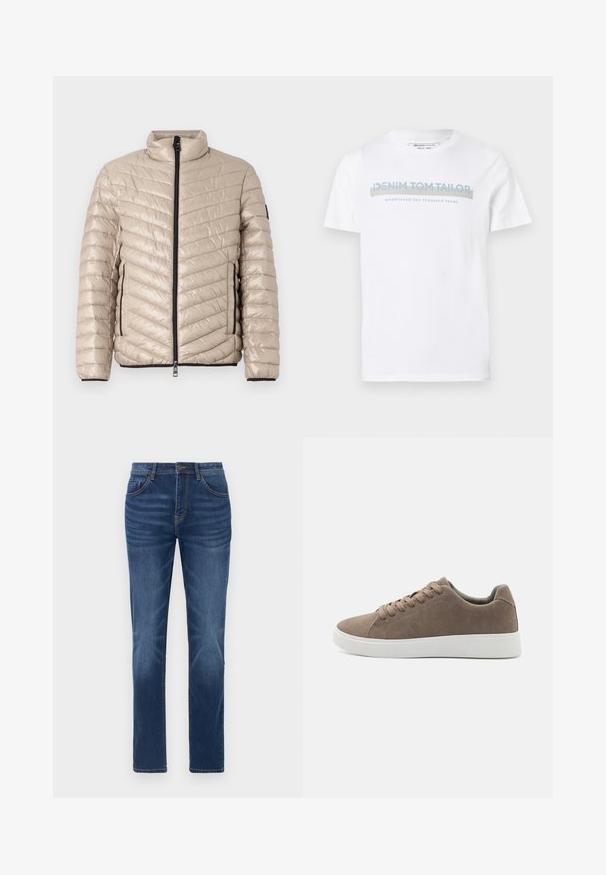 TOM TAILOR LIGHTWEIGHT JACKET - Übergangsjacke - light cashmere; Weißes Baumwoll-T-Shirt mit Rundhalsausschnitt, kurzen Ärmeln und einem blauen Grafiktext-Design, das "DENIM TOM TAILOR gegründet 2007" lautet.; Dunkelblaue Denim-Jeans mit klassischem gerade geschnittenem Schnitt, Fünf-Taschen-Design und leichtem Verblassen an den Beinen. Mit Knopf- und Reißverschluss.; Braune Wildledersneaker mit flachen weißen Gummisohlen, Schnürdesign, abgerundete Zehen und einer glatten Textur. Minimalistischer Stil mit dezenten Nähdetails.